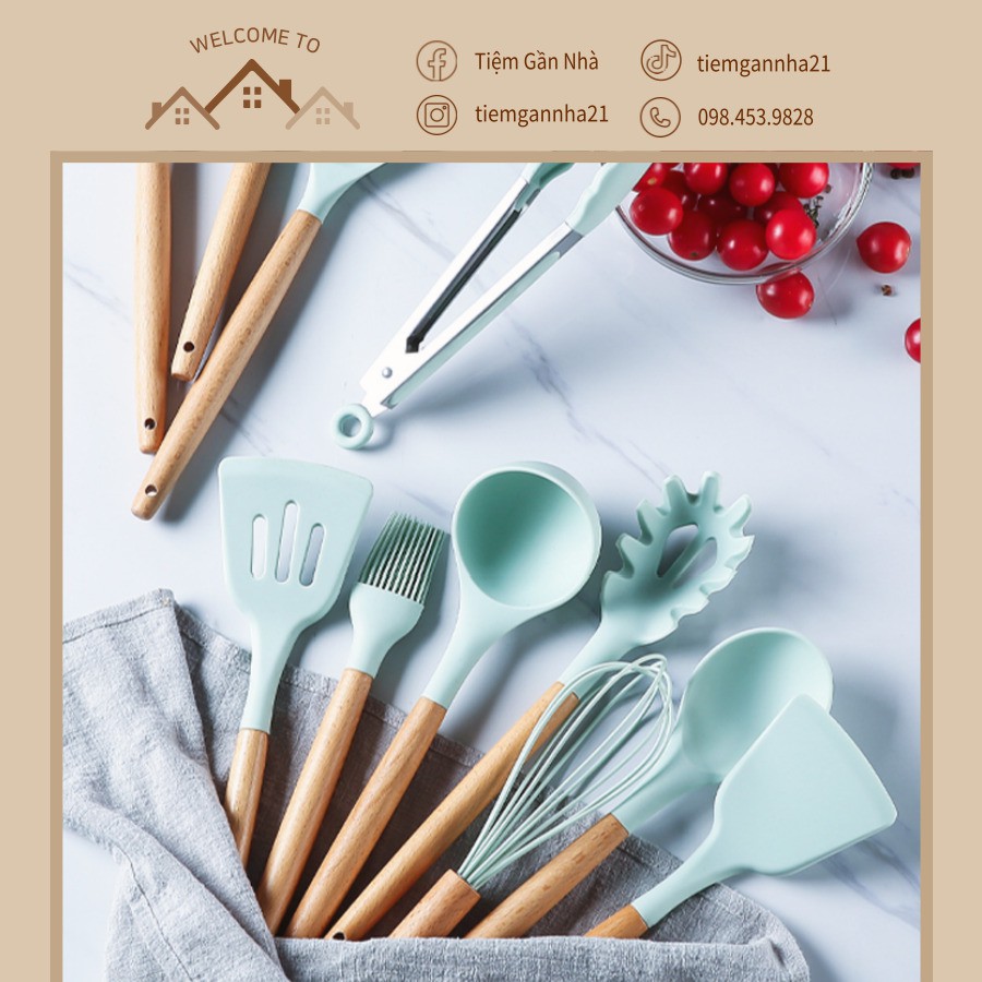 Bộ dụng cụ nhà bếp, nấu ăn, làm bánh cán gỗ 9 và 11 món silicone chịu nhiệt cao cấp kitchen set