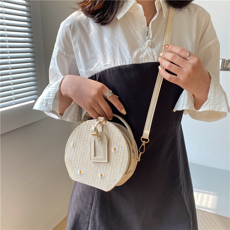 Túi Cói Đeo Chéo Hoa Cúc Dáng Tròn Phối Da Kiểu Mới