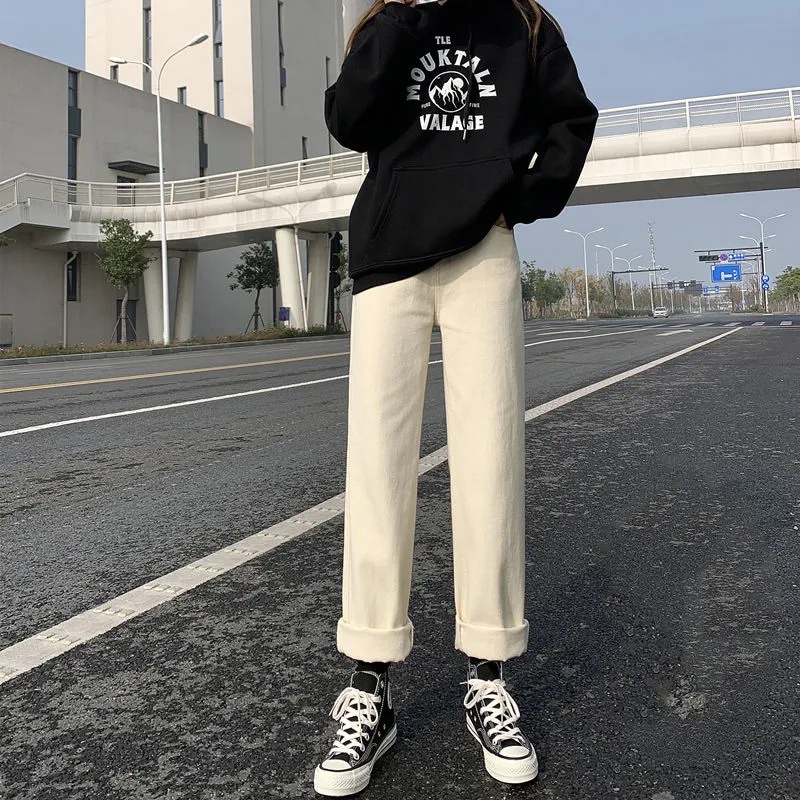 Quần Jeans Nữ Màu Trắng Kem Ống Suông Cạp Cao Baisc Phong Cách Ulzzang Hàn Quốc Mặc Hàng Ngày Đi Học Đi Làm Loại 1