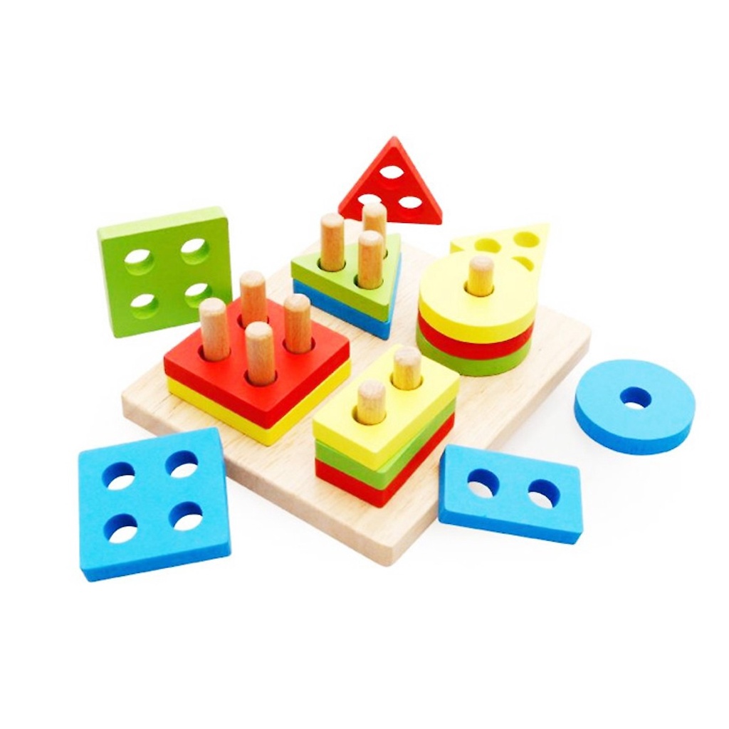 Đồ Chơi Gỗ Montessori Bộ Thả Hình Khối 4 Cọc Vuông Siêu Đẹp, Đồ Chơi Thả Cọc Phân Loại Hình Khối Màu Sắc Cho Bé