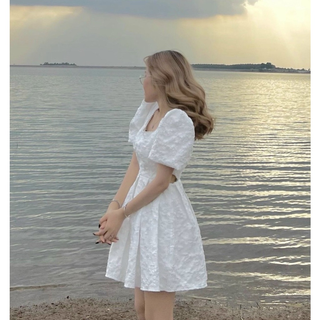 Đầm Xòe Cổ Vuông Dáng Ngắn Dự Tiệc Thiết Kế Sexy Khoét Eo Cực Xinh Màu Trắng | ROSE CLOTHING D0520