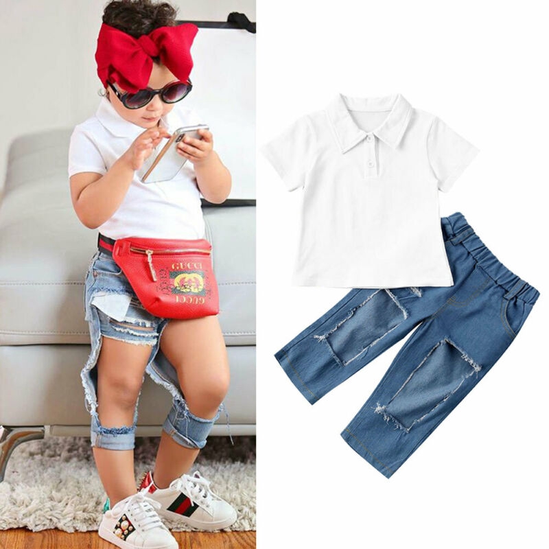 Set Áo Thun Tay Ngắn &amp; Quần Short Denim Cho Bé Gái