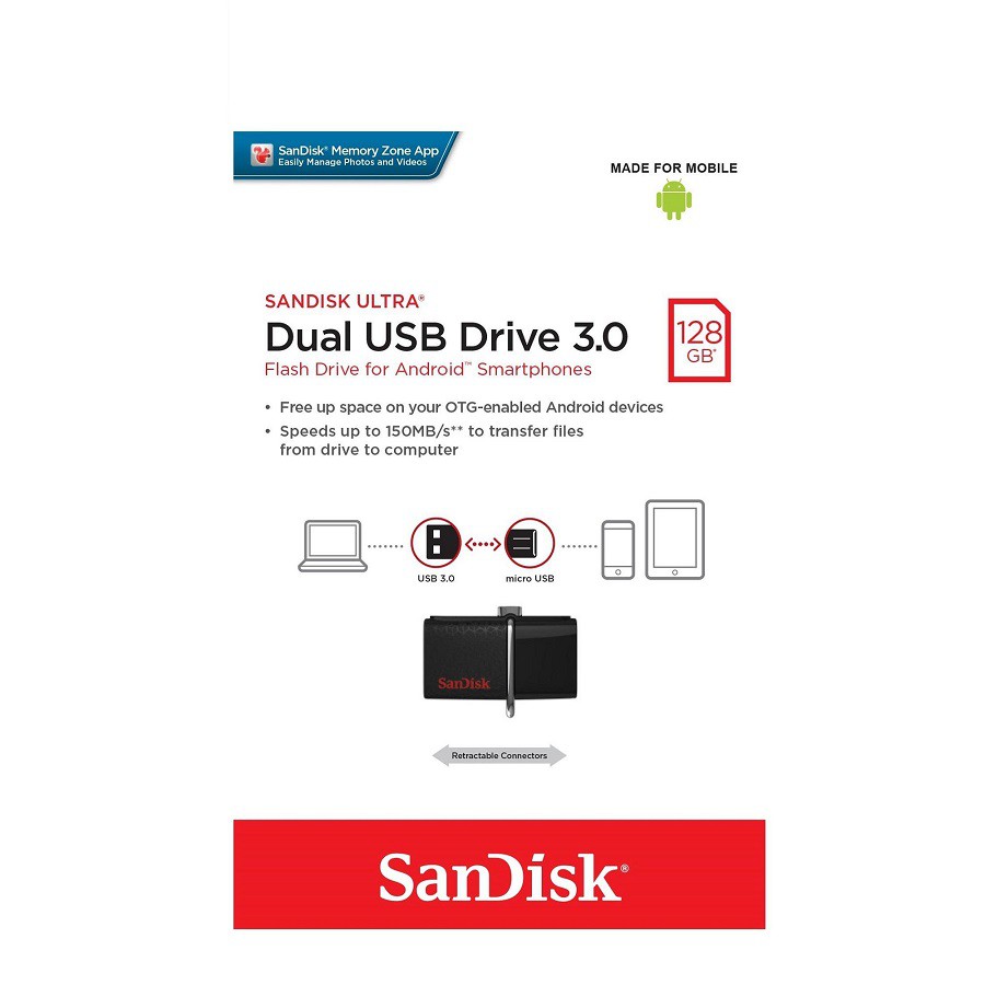 USB OTG Sandisk 3.0 Ultra Dual 128GB 150MB/s (Bạc)