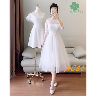 Đầm trắng dáng xòe tay ren tiểu thư dễ thương