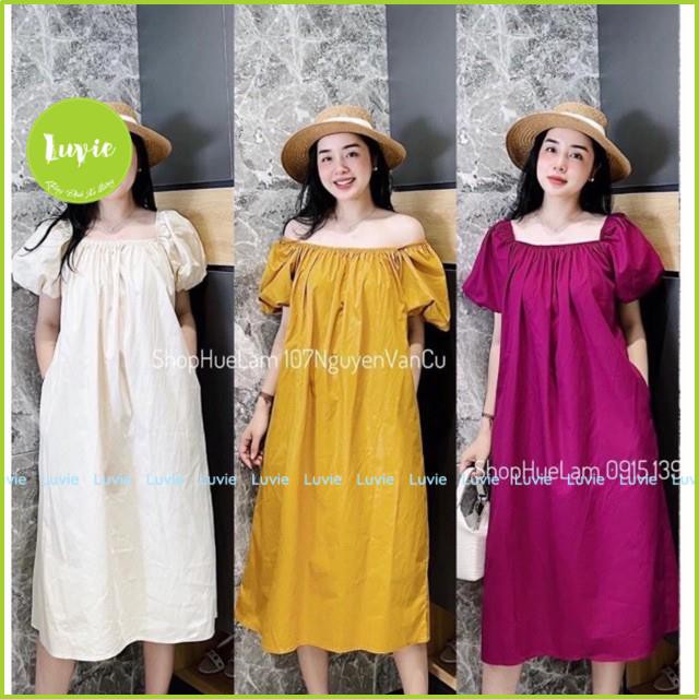 Váy Thô Trễ Vai Luvie 3 Màu Tay Cộc, Đầm Nữ Dáng Suông Maxi Có Ảnh Thật Kèm Video