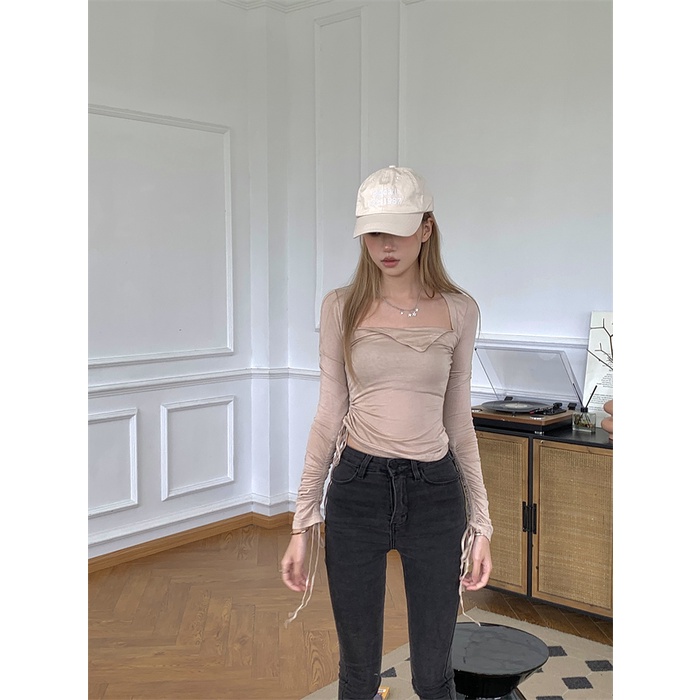 DUNEA Áo Kiểu Dây Rút Lệch Tà Quyến Rũ Thời Trang Cho Nữ