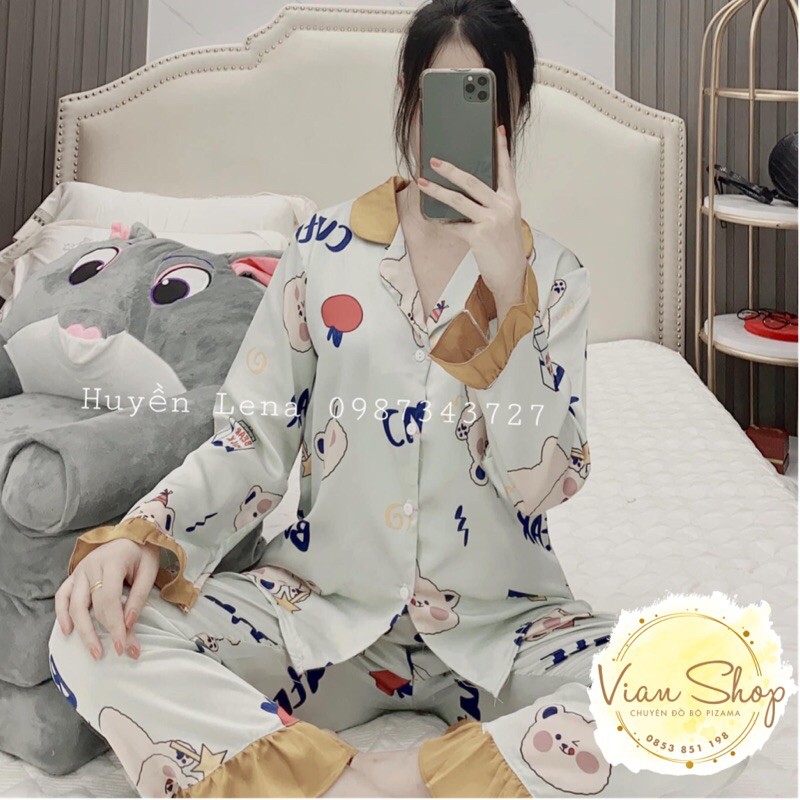 Đồ bộ pijama, bộ lụa satin dài tay viền bèo tiểu thư hoạ tiết gấu xinh