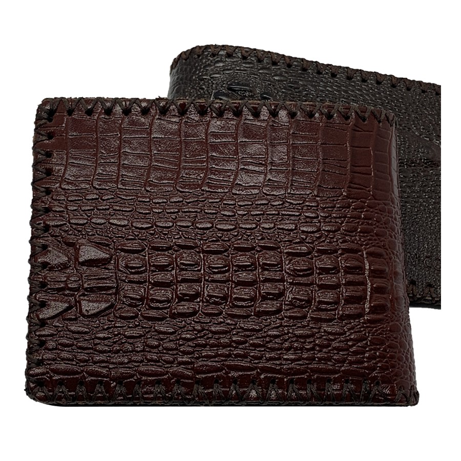 Ví Nam Ngang Da Bò Dập Vân Cá Sấu May Viền Tiến Công Màu Nâu Đỏ - TCN1041