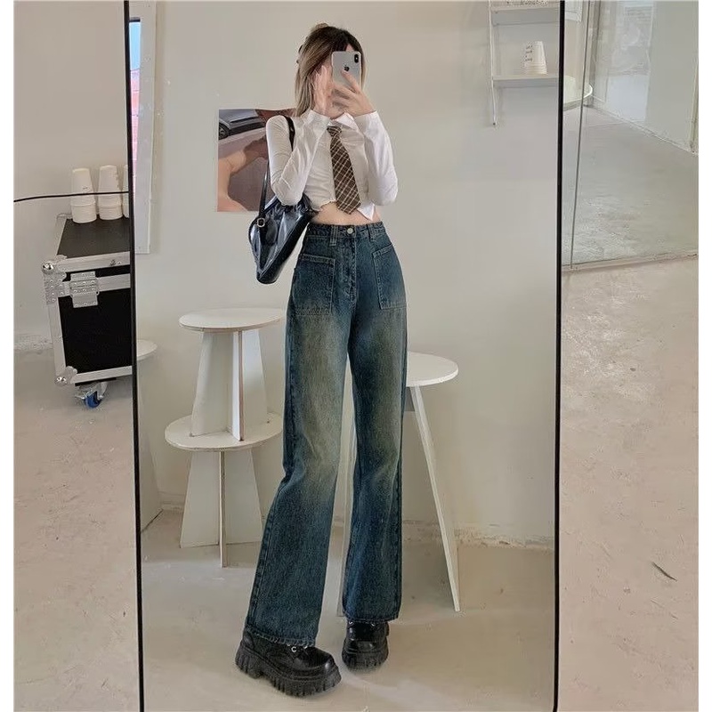 Quần Jeans Nữ Dài Lưng Cao Ống Rộng Thời Trang Hàn Quốc Cá Tính