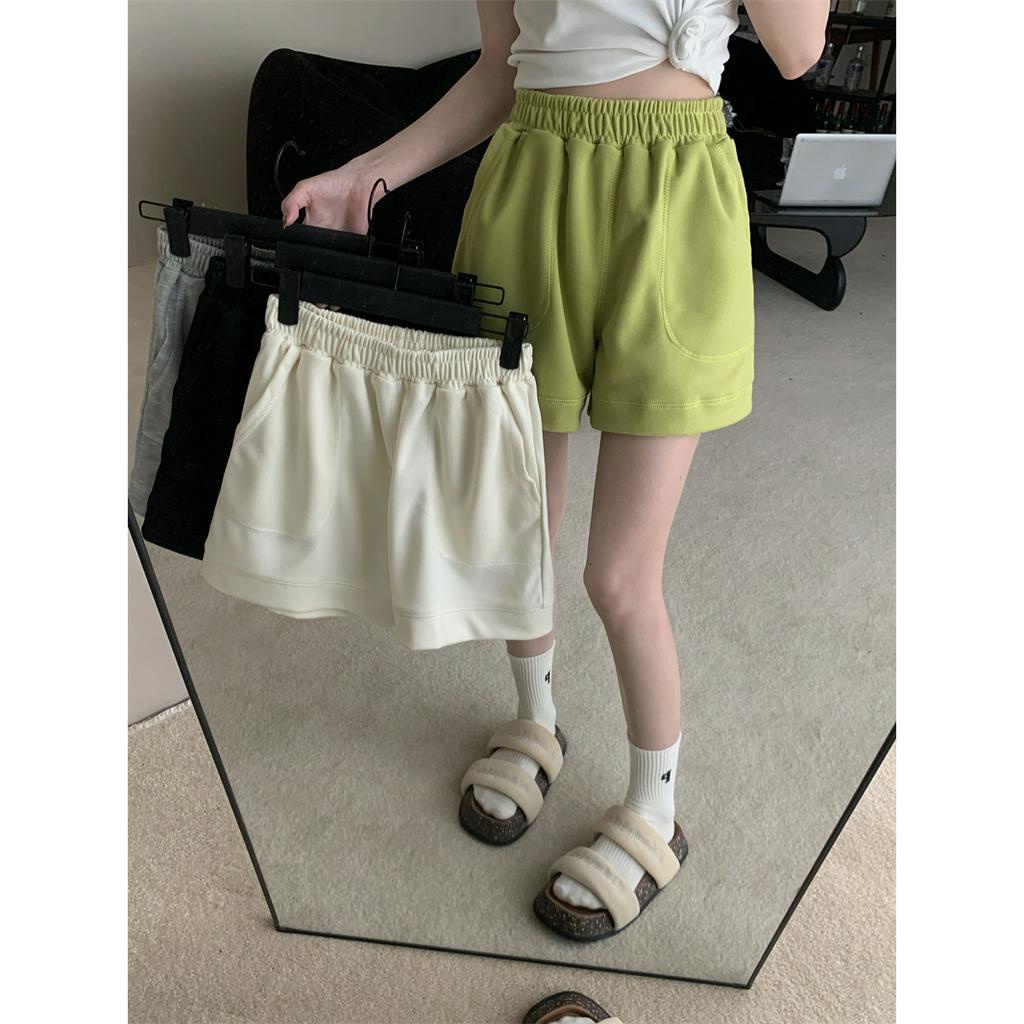 Quần Short Thể Thao Lưng Cao Ống Rộng Màu Sắc Đơn Giản Phong Cách Hàn Quốc