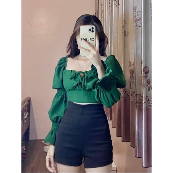[NEW] Áo Sơ Mi Đũi Croptop , Áo Kiểu Dáng Ngắn Cách Điệu Màu Xanh Lá Hottrend 2022