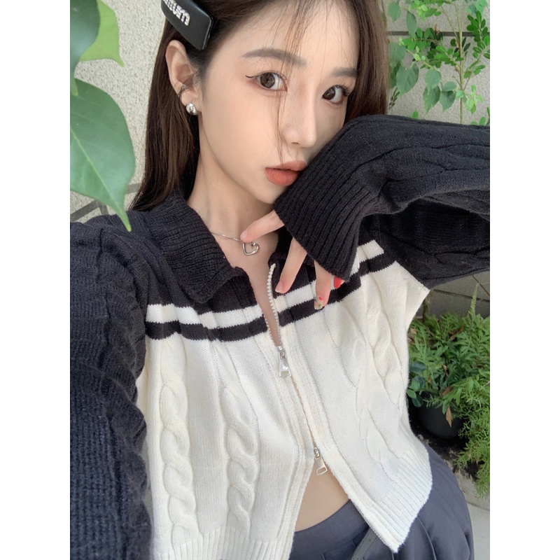 Áo cardigan Dệt Kim Cổ polo Dáng Ngắn Có Khóa Kéo Phong Cách Hàn Quốc Cho Nữ