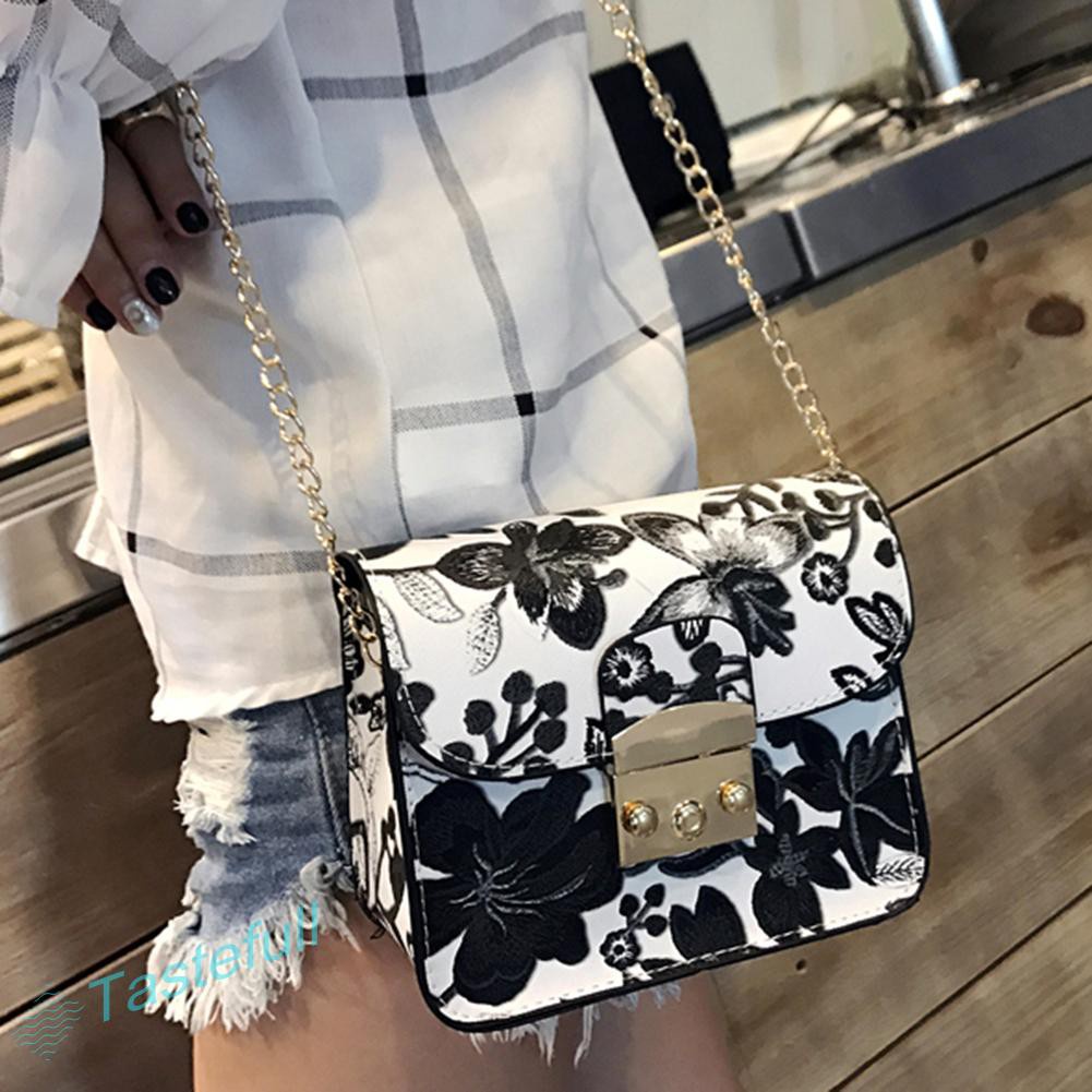 TT Women PU Leather Flower Printed Mini Chain Bag Shoulder Crossbody Bag