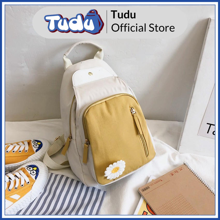 Balo Mini Tudu, Ba Lô Nữ Kết Hợp Túi Đeo Chéo Thời Trang Phong Cách Hàn Quốc Kèm Sticker Hoa Cúc CN163 Vàng