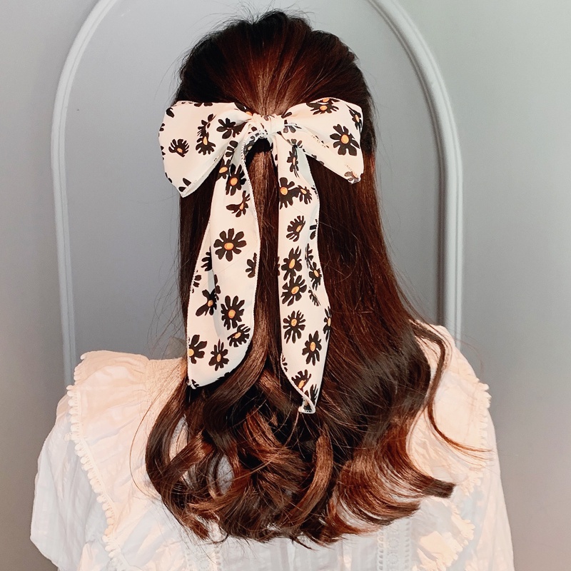 Dây Buộc Tóc Ruy Băng Mềm Mại Họa Tiết Hoa Cúc Trắng / Đen Phong Cách Retro Pháp