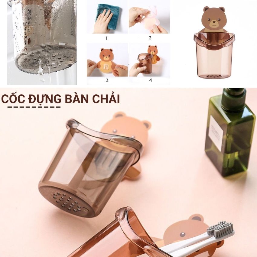 Combo 2 Cốc gấu đựng bàn chải kem đánh răng thiết kế lỗ thoát nước nhựa PP cao cấp tiết kiệm không gian đa năng Angola