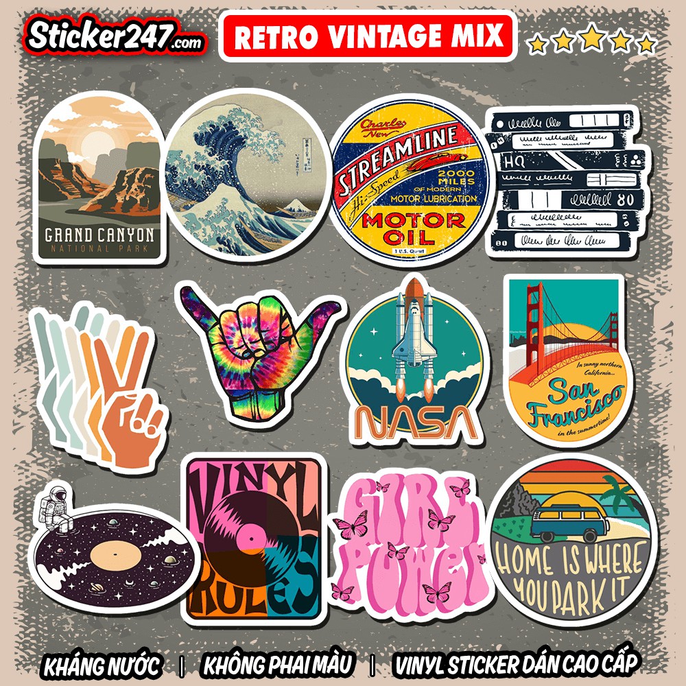 Sticker Retro Vintage Mix chủ đề 🌈𝑭𝒓𝒆𝒆𝒔𝒉𝒊𝒑 chống nước, hình decal dán laptop, ipad, mũ bảo hiểm,vali, đàn guitar, ipad