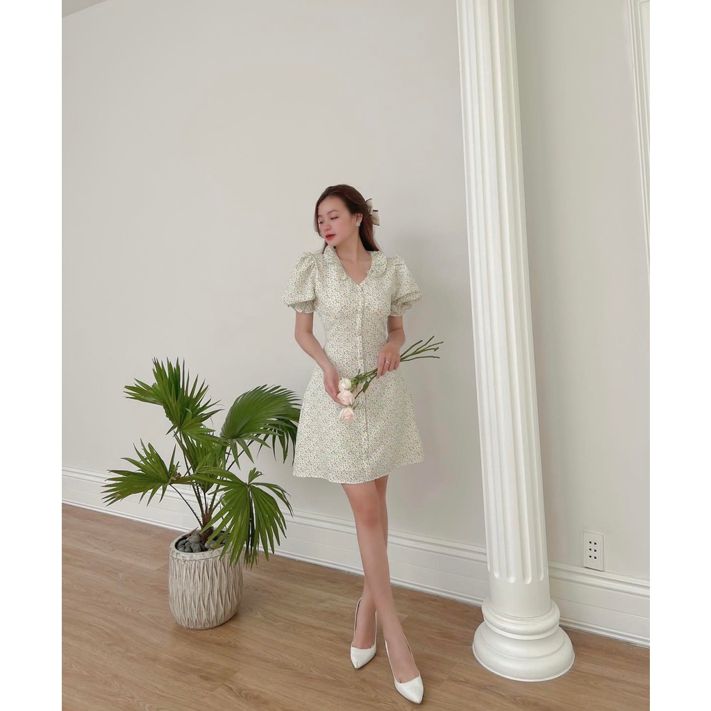 [HÀNG THIẾT KẾ CAO CẤP] Đầm Hoa Tay Phồng Cổ Bèo Công Sở / Đi Tiệc Thanh Lịch Màu Vàng Form Ngắn