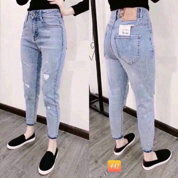 Quần Jeans Nữ Đẹp Baggy Xước Cạp Cao May Gấu