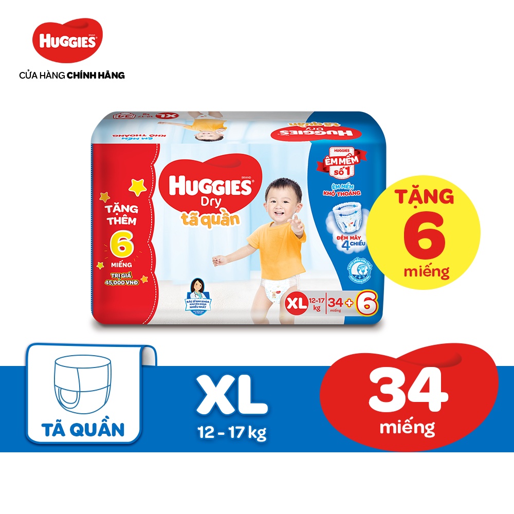 [Mã MKBHUGBU giảm 12% đơn từ 400K] Tã quần HUGGIES DRY PANTS JUMBO M42/L38/XL34/XXL30 + Tặng 6 miếng