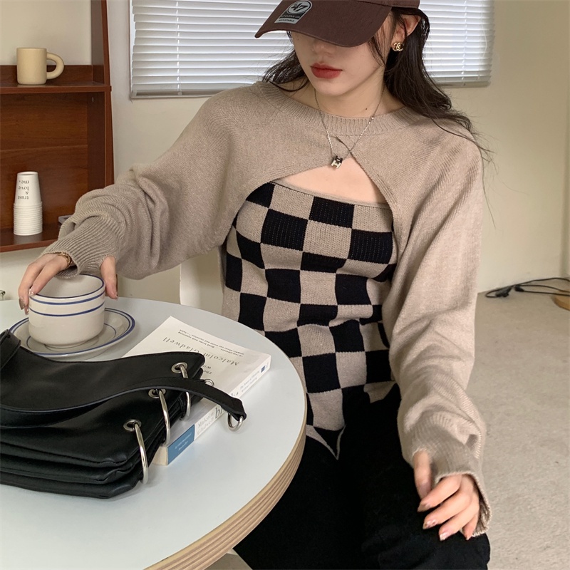 QKOOLE  Áo hai dây dệt kim sọc ca rô và áo khoác dệt kim phong cách Hàn Quốc dành cho nữ