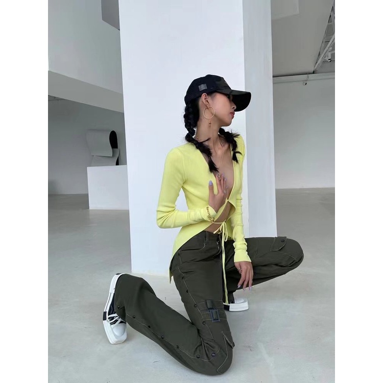 Quần jean ống rộng phối cúc lưng cao phong cách hip-hop thời trang xuân thu cho nữ