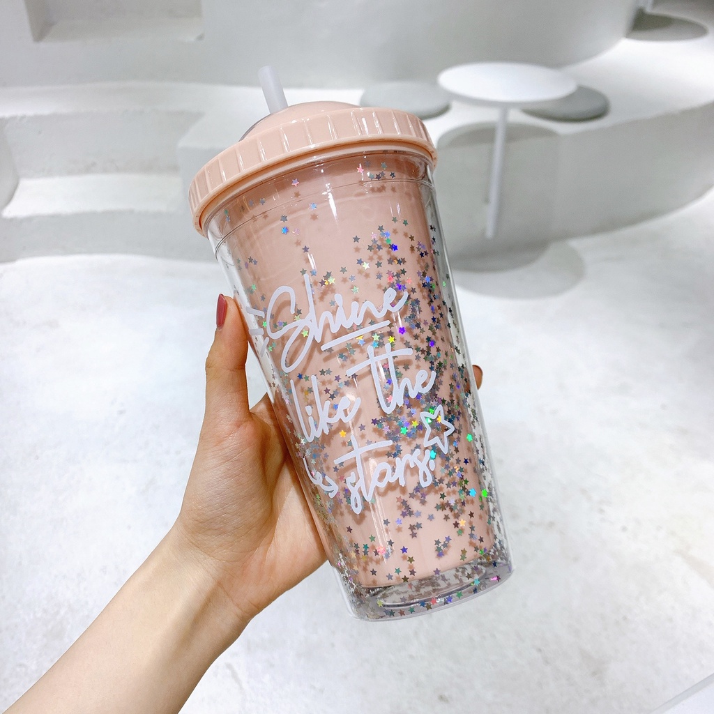 Bình Nước Kim Tuyến Dung Tích 550Ml Kèm Ống Hút Tiện Lợi Khi Đi Du Lịch