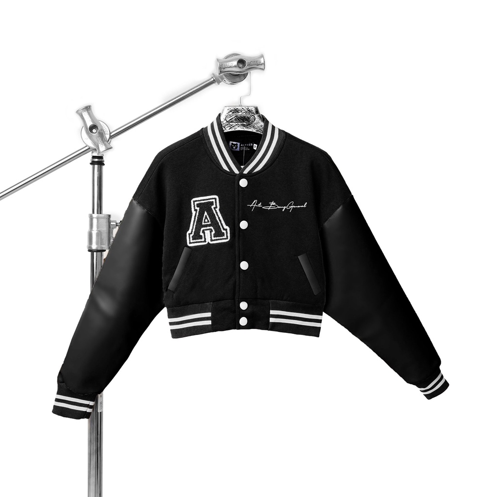 AITHER STUDIO Áo khoác Croptop - Varsity Croptop thêu xù tay da