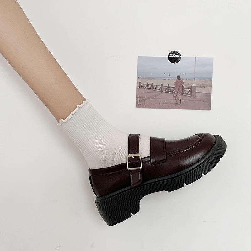 Giày da Mary Jane đế cao dáng ôm chân màu đen phong cách retro Anh Quốc cho nữ N03F