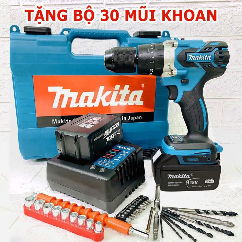 Bộ khoan pin bắt vít Makita 118V không chổi than tặng kèm phụ kiện 30 món.