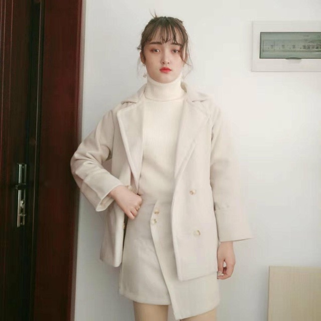 Set áo + chân váy dạ vạt chéo hai khuy | BigBuy360 - bigbuy360.vn