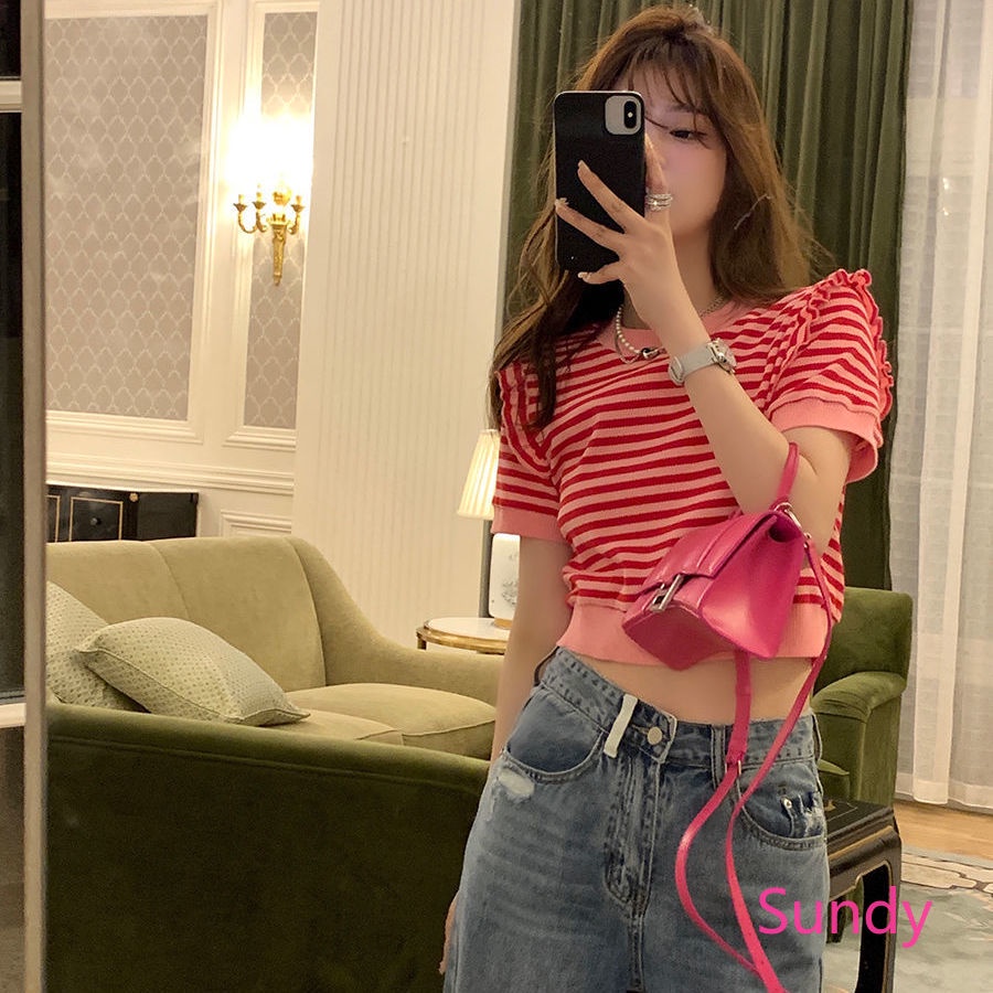 Áo Thun Ngắn Tay Kẻ Sọc Thời Trang Mùa Hè Pháp Cho Nữ