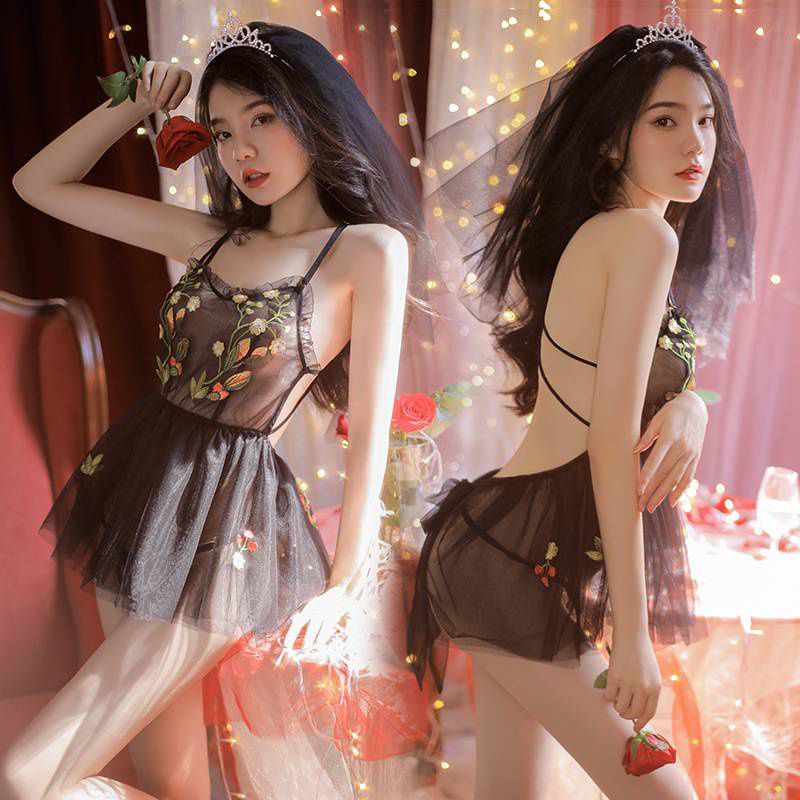 Cosplay cô dâu cao cấp sexy - váy đầm ngủ 2 dây hóa trang bride thuê hoa lá hở lưng gợi cảm