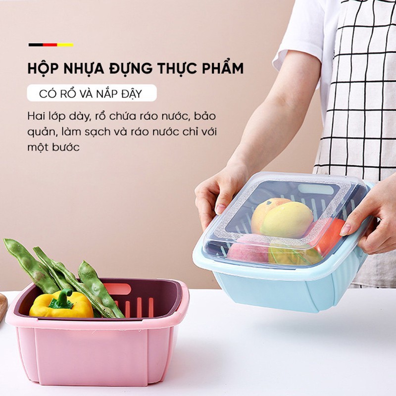 Bộ rổ nhựa kèm chậu đựng rau trái cây có nắp đậy kèm lỗ thoát nước 3 trong 1 đa năng - BRN01