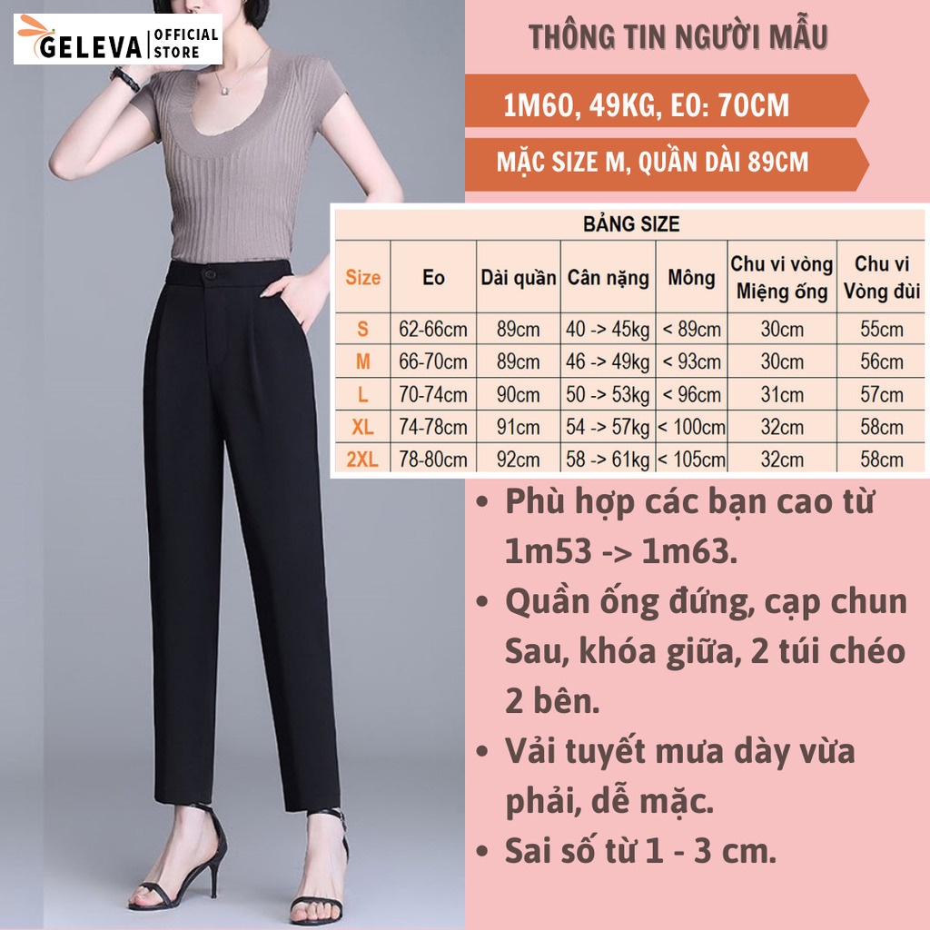 Quần tây baggy nữ đi học đi làm công sở ống đứng dáng dài cạp chun, Quần vải nữ tuyết mưa màu đen trắng be Geleva GE908 | BigBuy360 - bigbuy360.vn