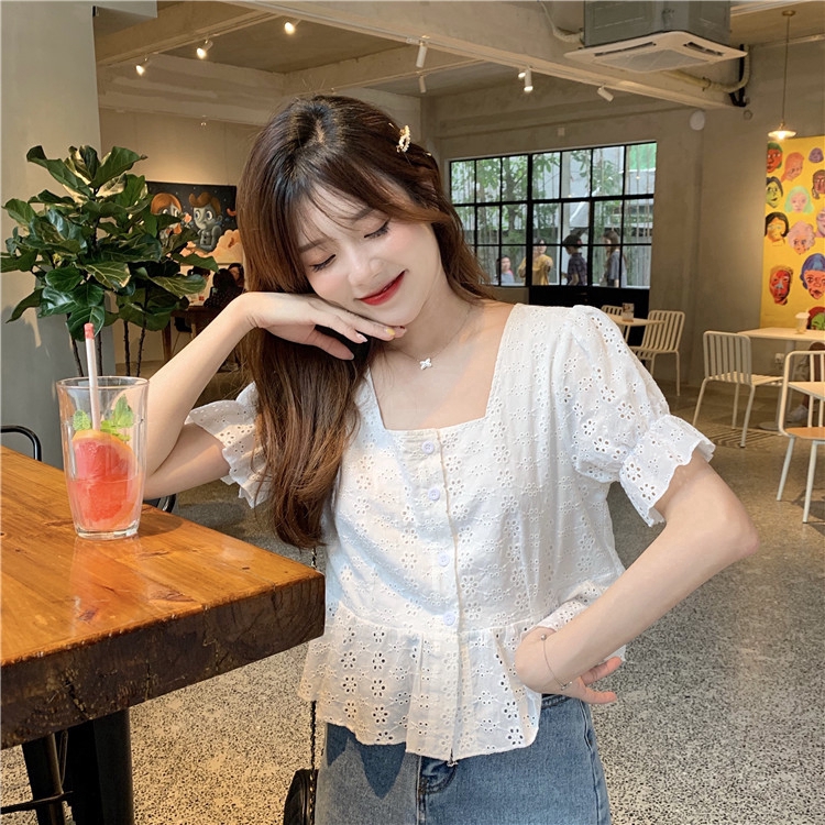 Áo sơ mi tay ngắn dáng ôm phối ren kiểu vintage thời trang mùa hè