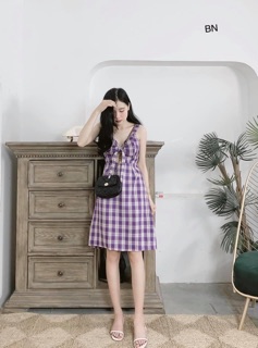 váy kẻ karo 2 dây nơ ngực