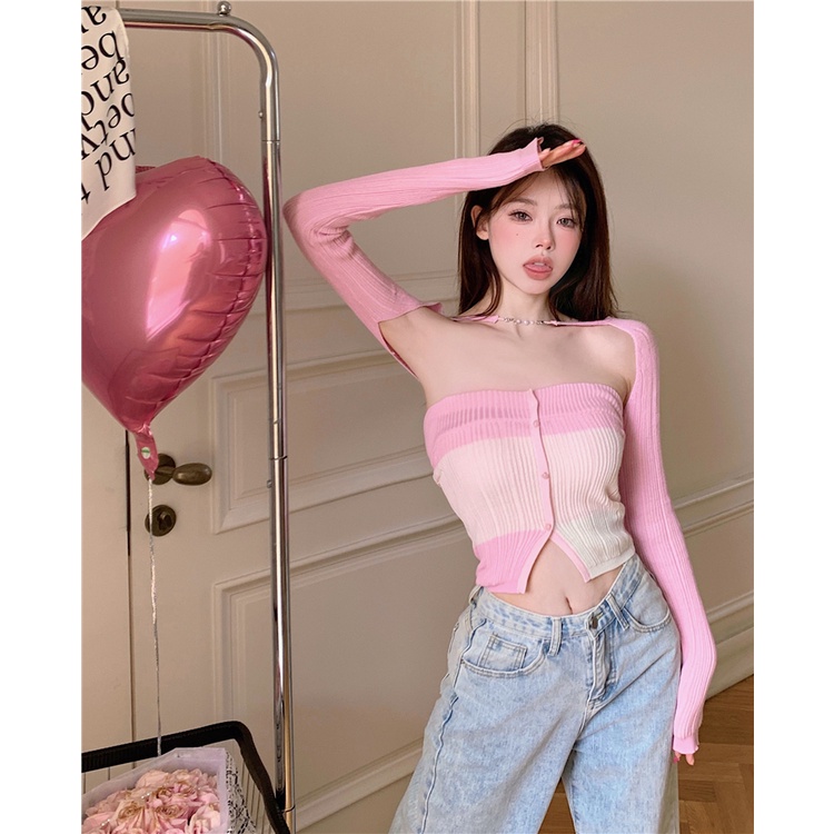 Áo Dệt Kim Tay Dài Dáng Ngắn Thời Trang Thu Đông Hàn Quốc Mới