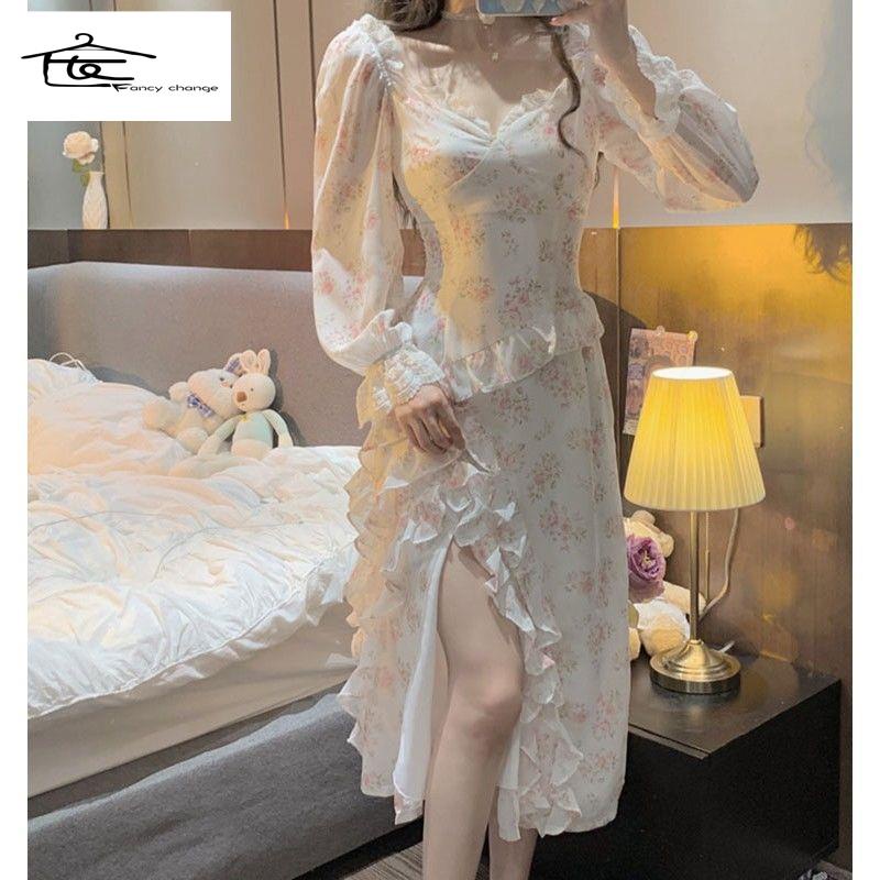 Đầm Dài Tay Xẻ Tà In Họa Tiết Hoa Phong Cách Mới Bằng Vải Voan Thời Trang Mùa Xuân Cho Nữ 2022