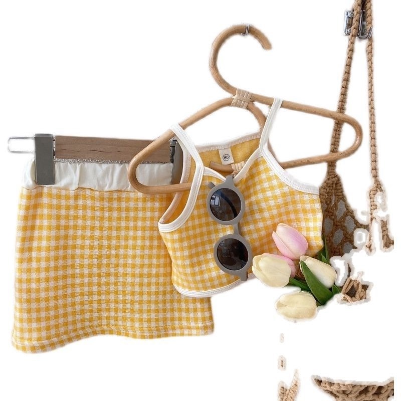 Set Áo Thun Ngắn Tay Cổ Tròn + Đầm Yếm Caro Thời Trang Hàn Cho Bé Gái