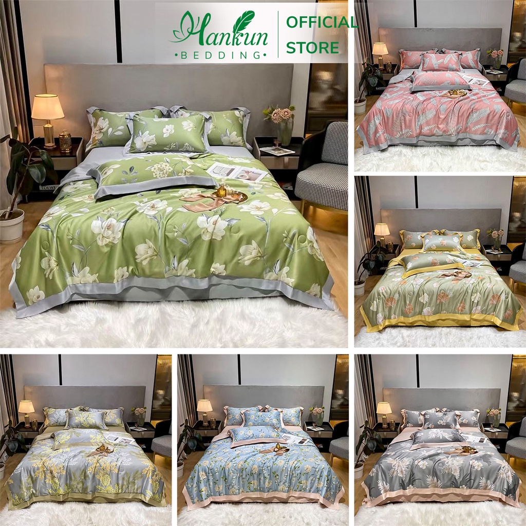 Bộ 4 món chăn ga gối lụa thái tencel Hankun chần bông hè siêu mát loại 1