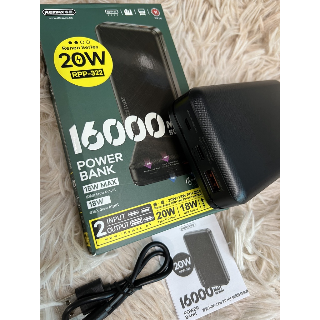 Pin sạc dự phòng tích điện hỗ trợ sạc nhanh Remax RPP 322 16000mAh PD 20W + QC 18W 2 Inputs, 2 Outputs