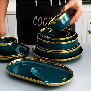 hàng có sẵn deal hot (set 1-4 người) bộ chén bát VIỀN DÀY màu xanh cổ vịt viền vàng phong cách bắc âu