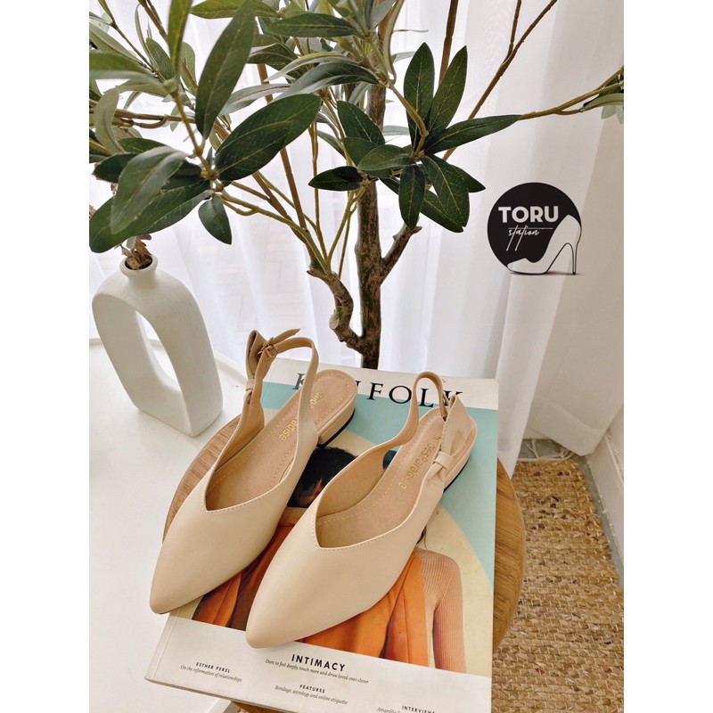 Giày nữ đế bệt nơ xinh xắn bít mũi tim cao 2cm dáng slingback khuyết eo thời trang tinh tế thanh lịch