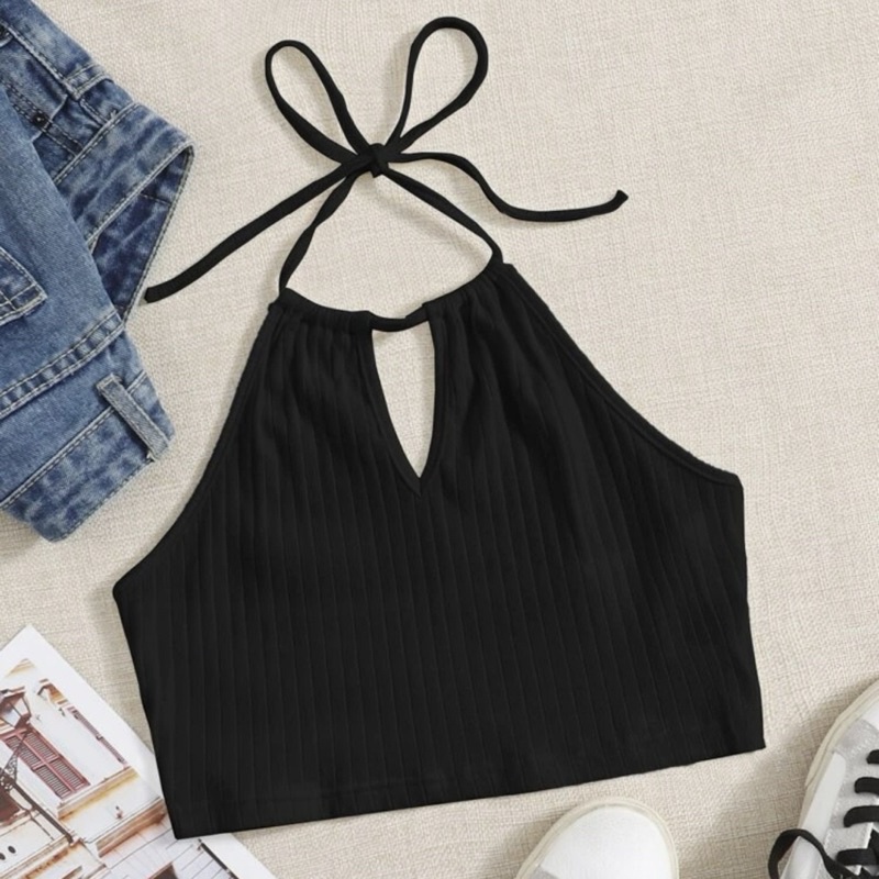 Áo croptop thun gân mỏng cổ yếm phong cách cá tính Aimee closet