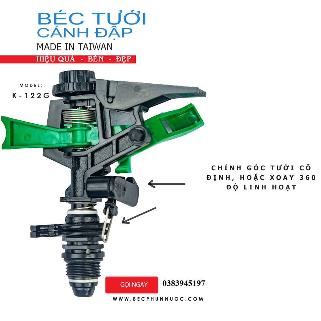Combo 5 cái Taiwan- K122G Béc tưới cây cánh đập tùy chỉnh góc, xoay 360 độ ren 21, bán kính 6-8m, 1 vòi phun