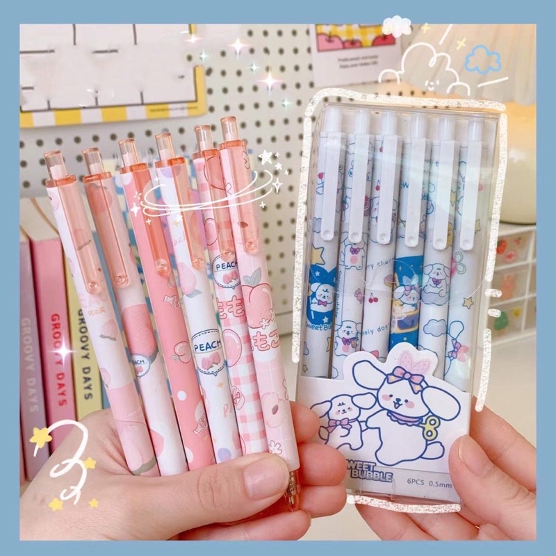 Set 6 Bút Bi Bấm Mực Gel Ngòi 0.5mm Họa Tiết Hoạt Hình Xinh Xắn Đáng Yêu