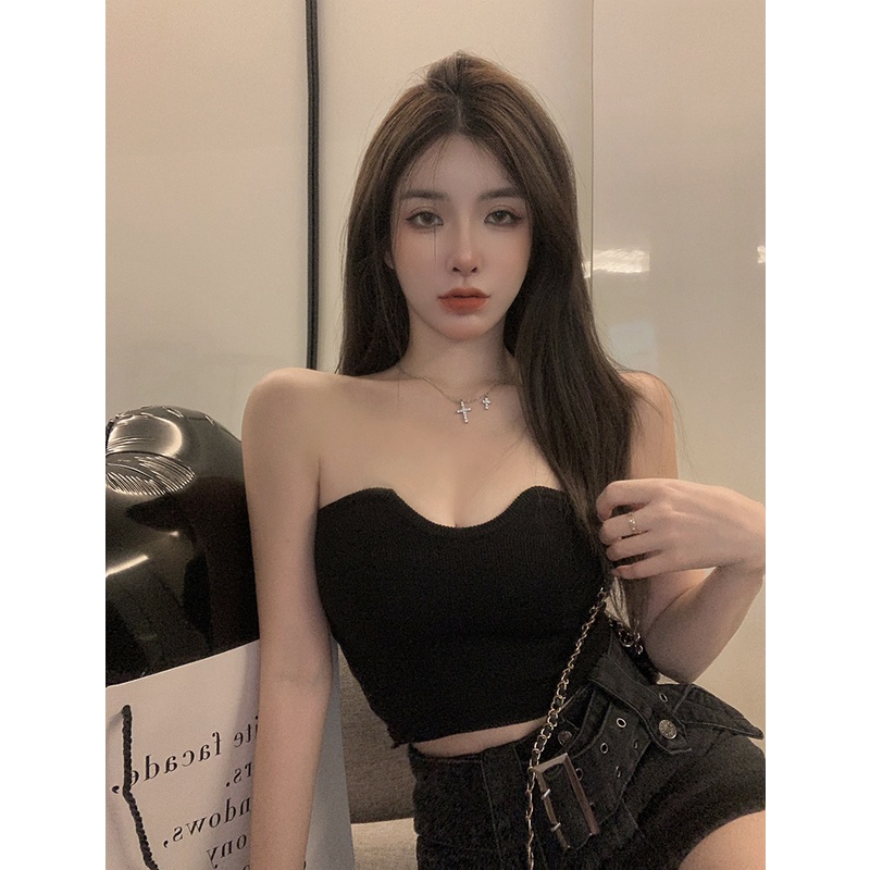 Kumikumi HUANG YOYO Áo Ống Ngắn Dệt Kim Phong Cách Hàn Quốc Thời Trang Dành Cho Nữ croptop không dây áo lót nữ