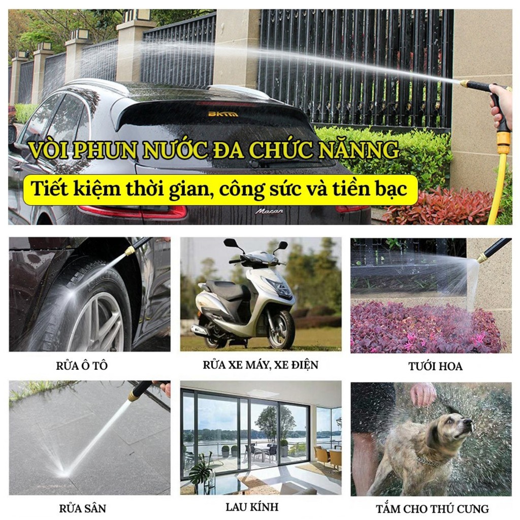 Vòi Xịt Rửa Xe, Vòi Tưới Cây Đa Năng Nhiều Chế Độ Tiện Lợi, Vệ Sinh Nhà Cửa Tặng 3 Đầu Chuyển Đổi Và Ống Nước Tròn 10m