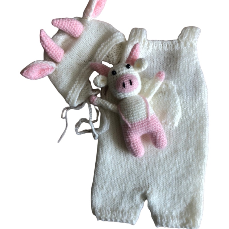 Bộ 3 Món Áo Liền Quần + Mũ Beanie Dệt Kim Ox Không Tay Dùng Chụp Ảnh Cho Bé Sơ Sinh